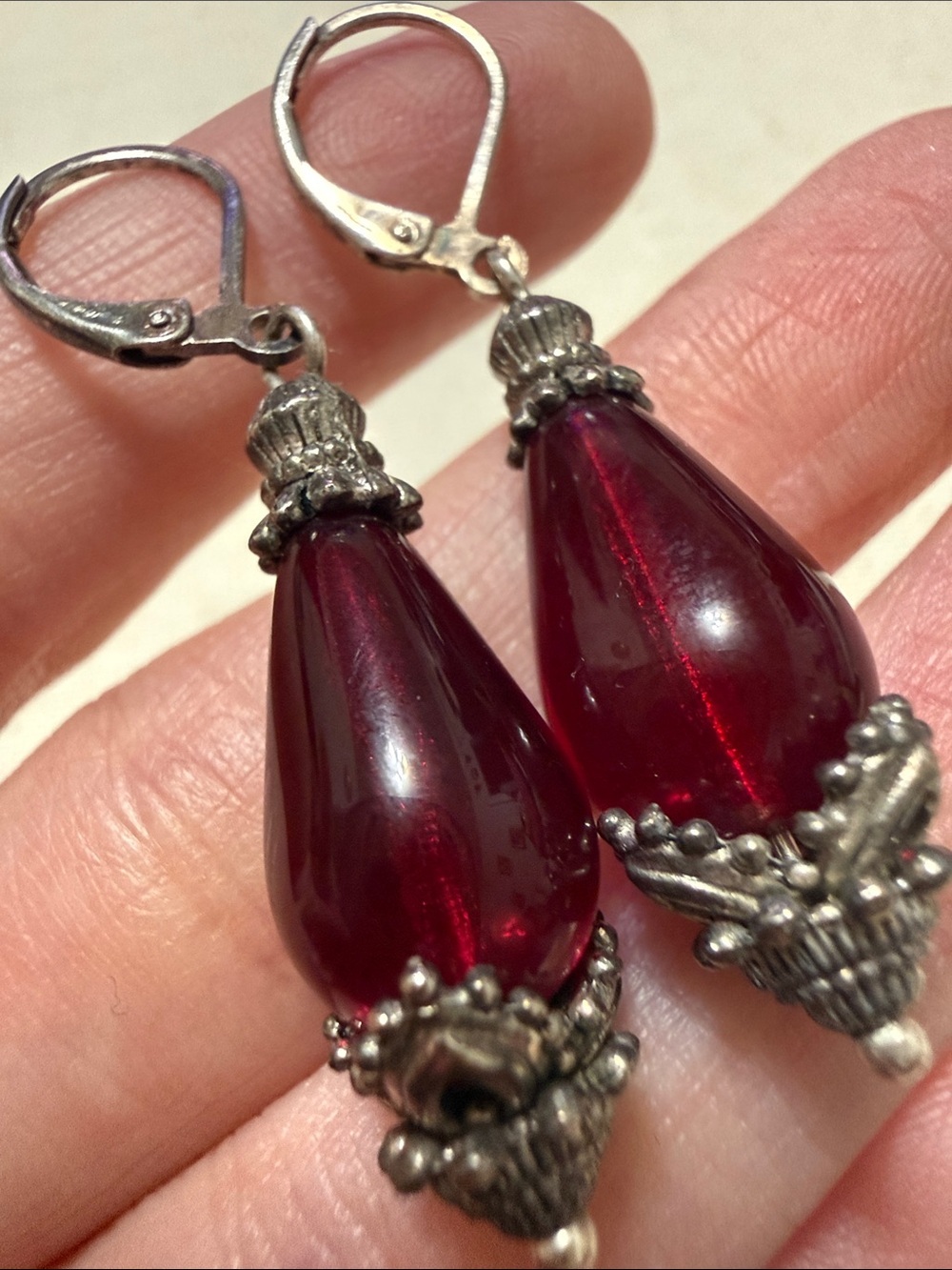 Elegant Sterling Burgundy Teardrop Dangle Earrings - Picture 5 of 10